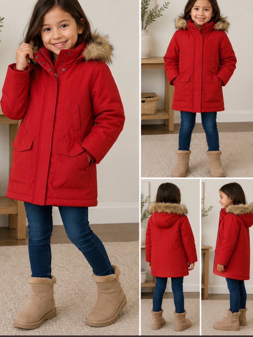 Uniqlo Girls Red Hooded Puffer Parka Faux Fur Trim Coat Size 5-6